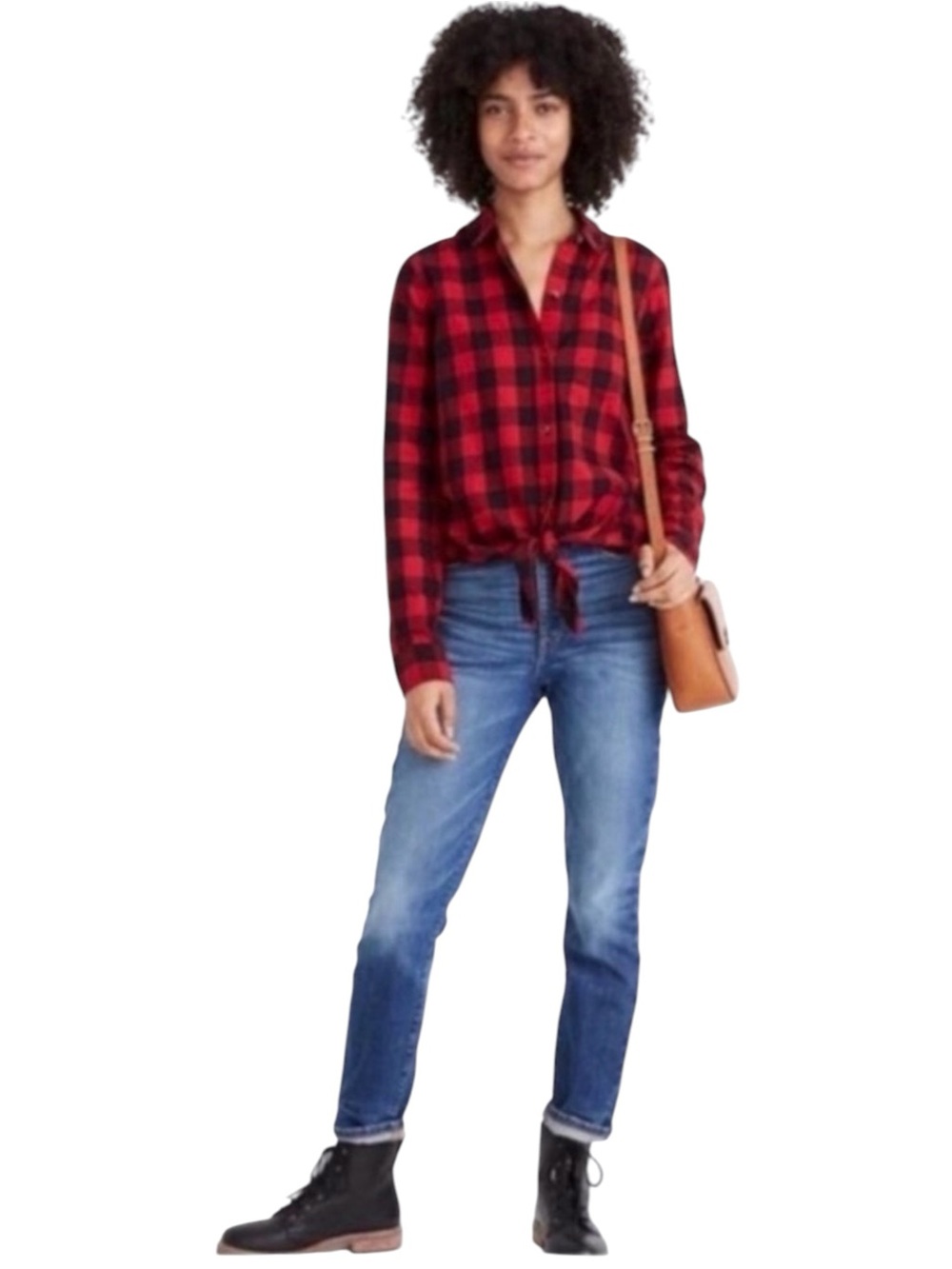 MADEWELL Women’s Sasha Red and Black Buffalo Check Tie Front Flannel Shirt Large